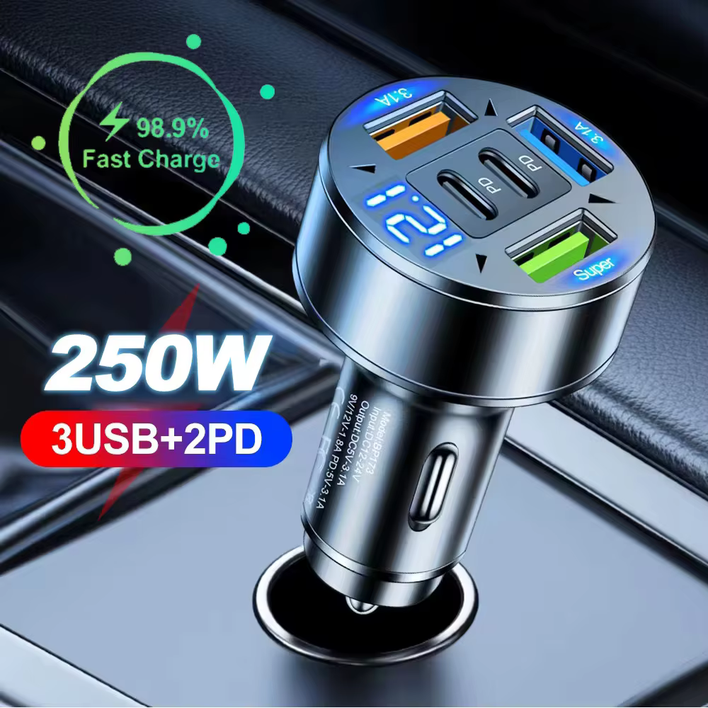 Chargeur de voiture 250W 5 ports, charge rapide PD QC3.0, adaptateur de chargeur de téléphone USB C 
