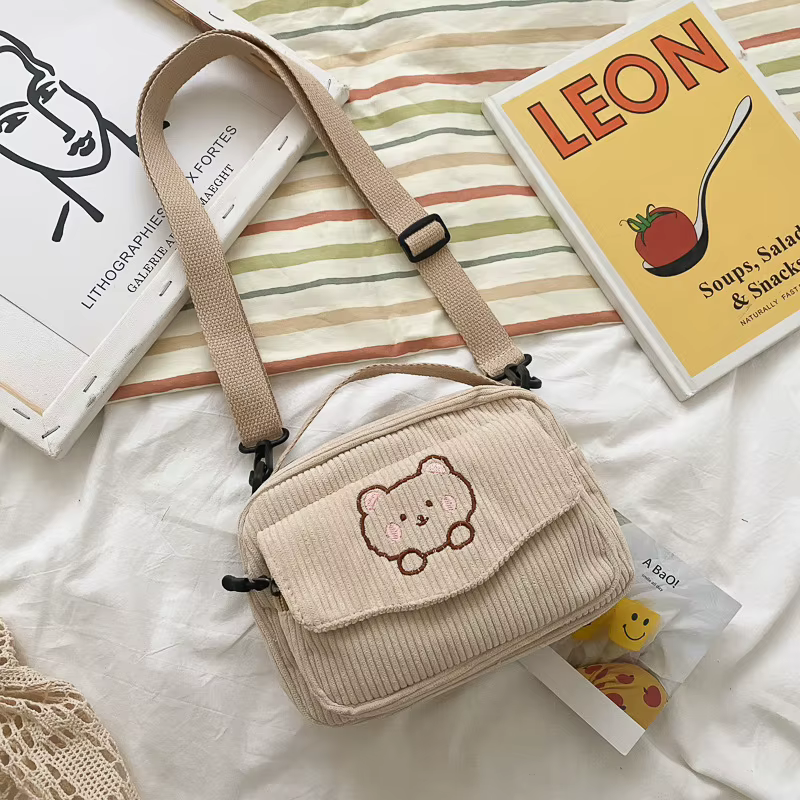 Sac à bandoulière diagonale brodé ours en peluche personnalisé, sac de loisirs en velours côtelé, sa