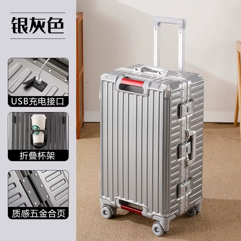 Valise de voyage grande taille avec cadre en aluminium, bagage à roulettes avec porte-gobelet et ser