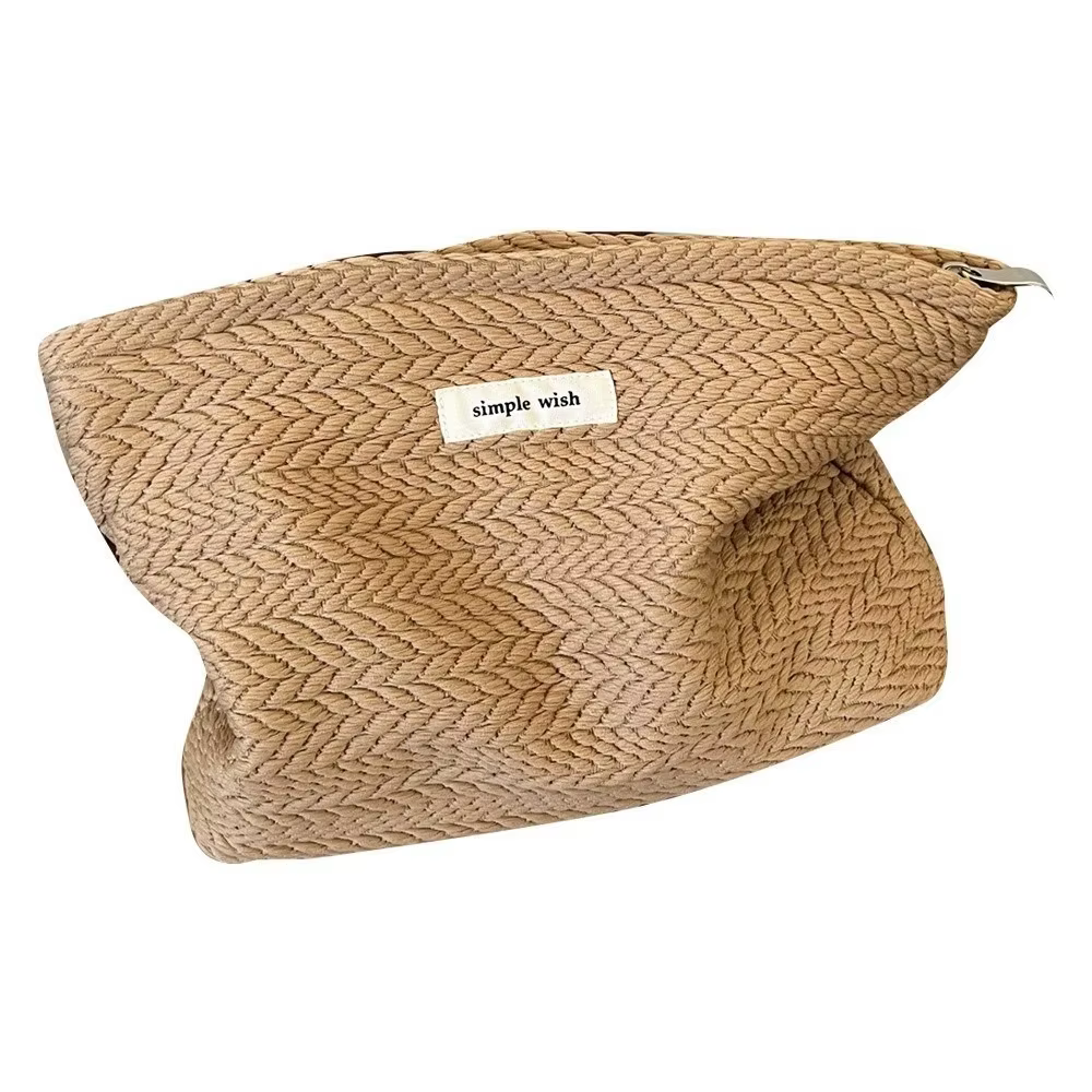 Trousse de maquillage en tissu tissé pour femmes, couleur unie, pochette à cosmétiques de grande cap