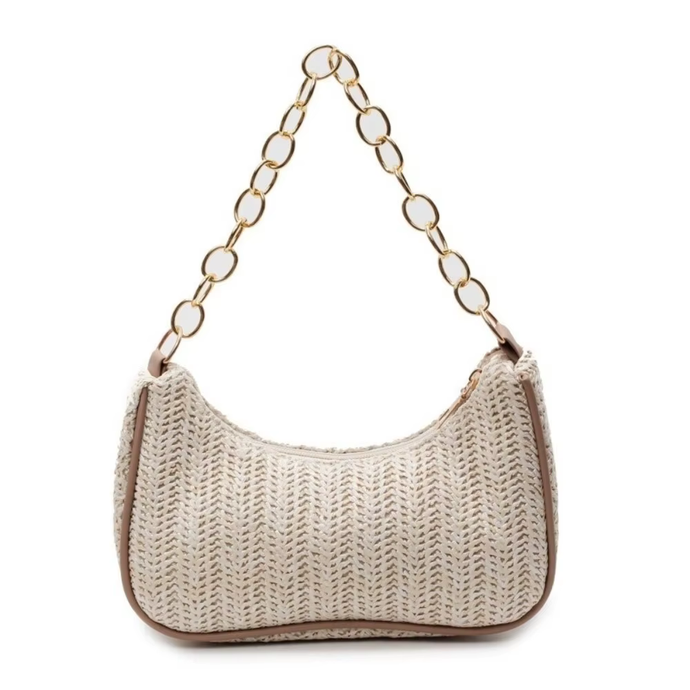 Sac à bandoulière bohème portable en paille, sac carré tressé à fermeture éclair, sac de bras couleu