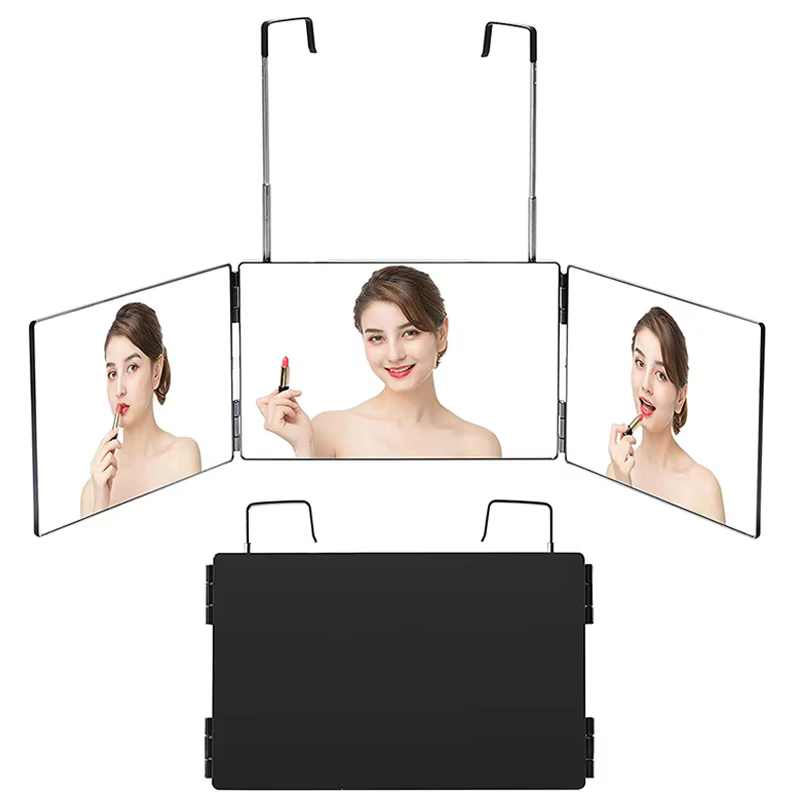 S Travel Portable 360 °   Miroir de maquillage pliable à trois volets avec crochet télescopique régl