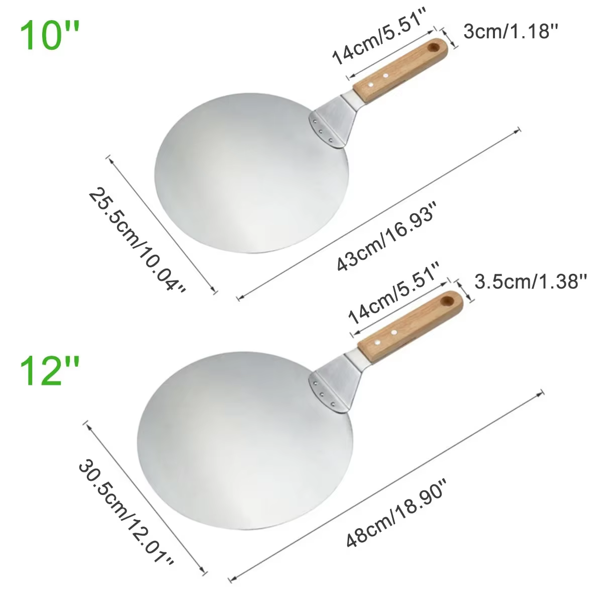 Pelle à Pizza 10/12 pouces, outils de pâtisserie, manche en bois en acier inoxydable, poêle ronde An