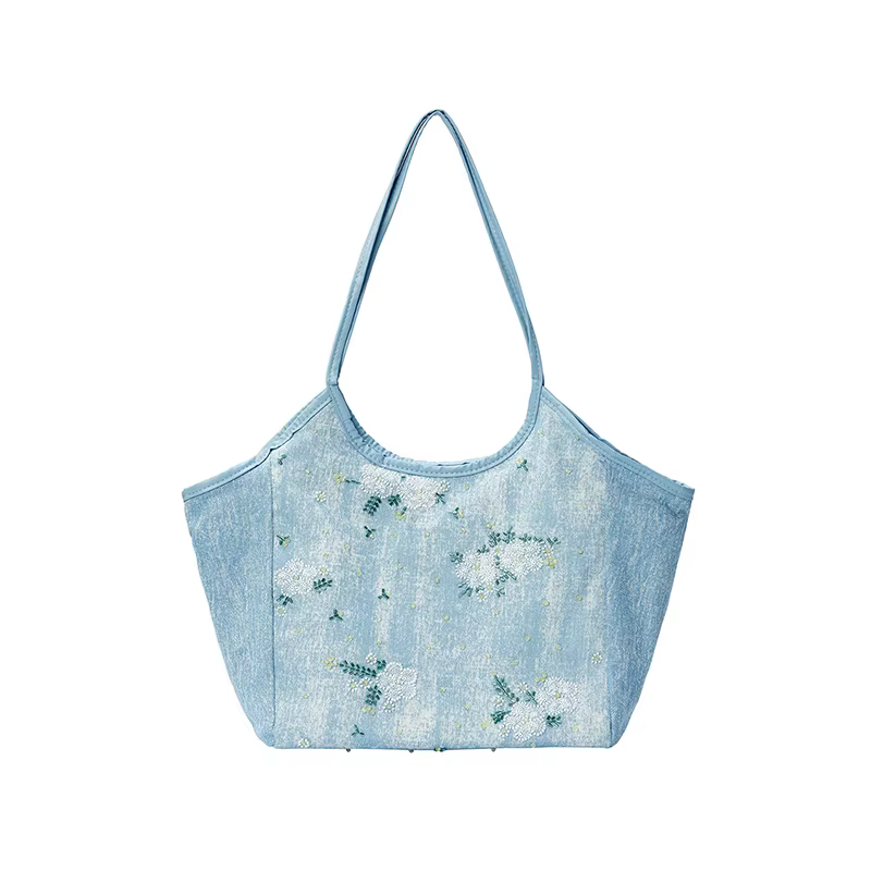 ELFSACK Sac fourre-tout à bandoulière en denim bleu clair avec broderie florale pour femme