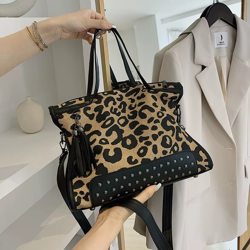 Sac à main rétro motif léopard pour femmes, sac à bandoulière en cuir de styliste, grand fourre-tout