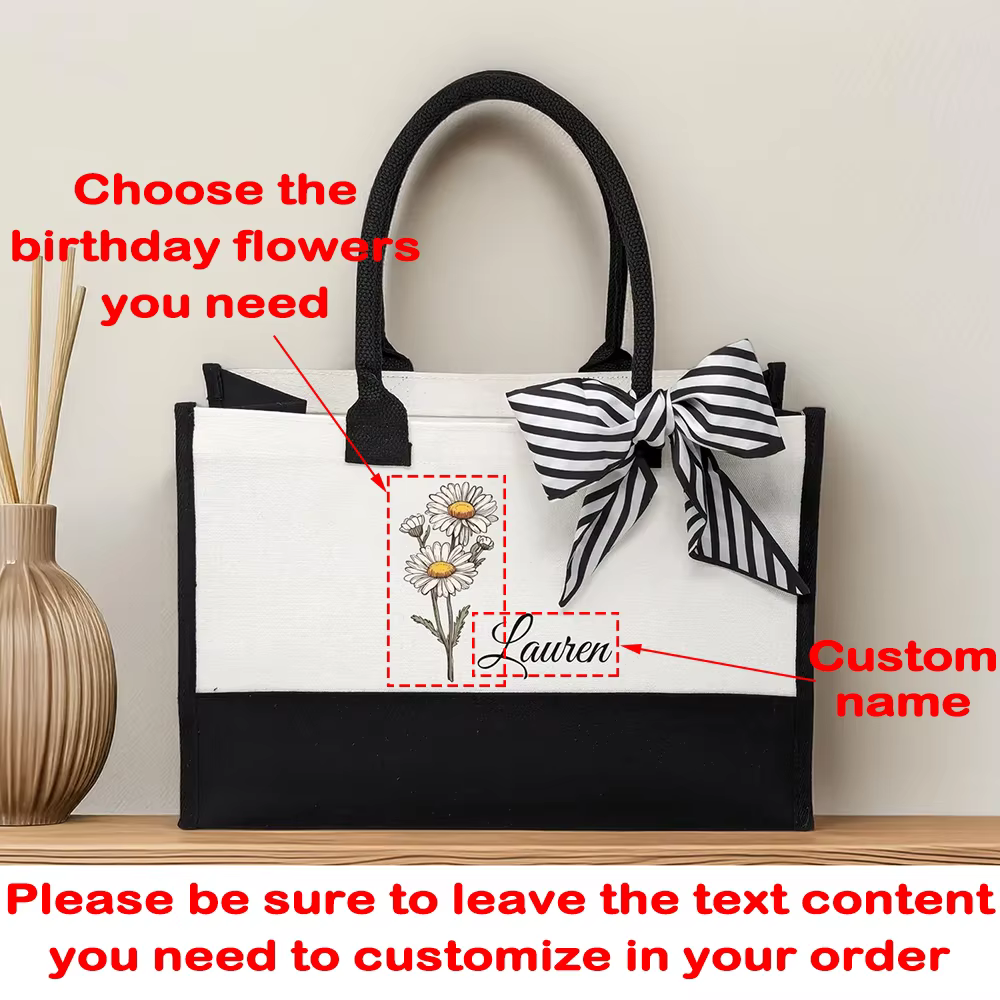 Sac fourre-tout personnalisé en toile avec fleurs du mois de naissance, Souvenir de demoiselle d'hon
