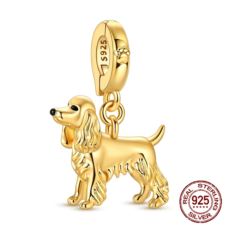 Charme de chien Cocker Spaniel en argent sterling 925 doré 3D, s'adapte au bracelet, cadeaux du Nouv