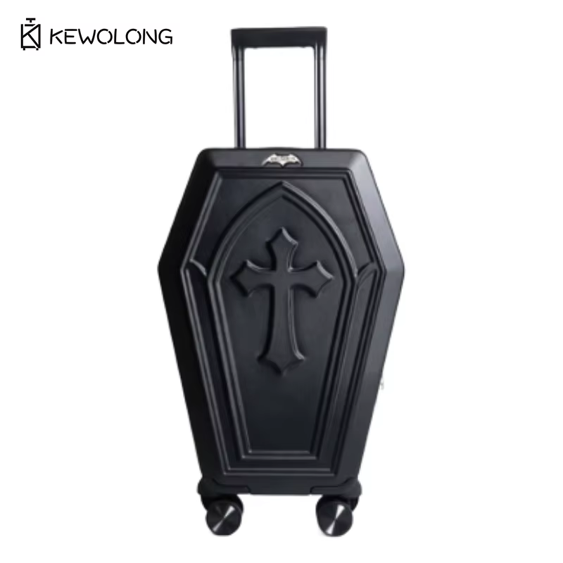 Valise rigide motif croix gothique 3D en relief, design cercueil, résistante aux rayures, avec serru
