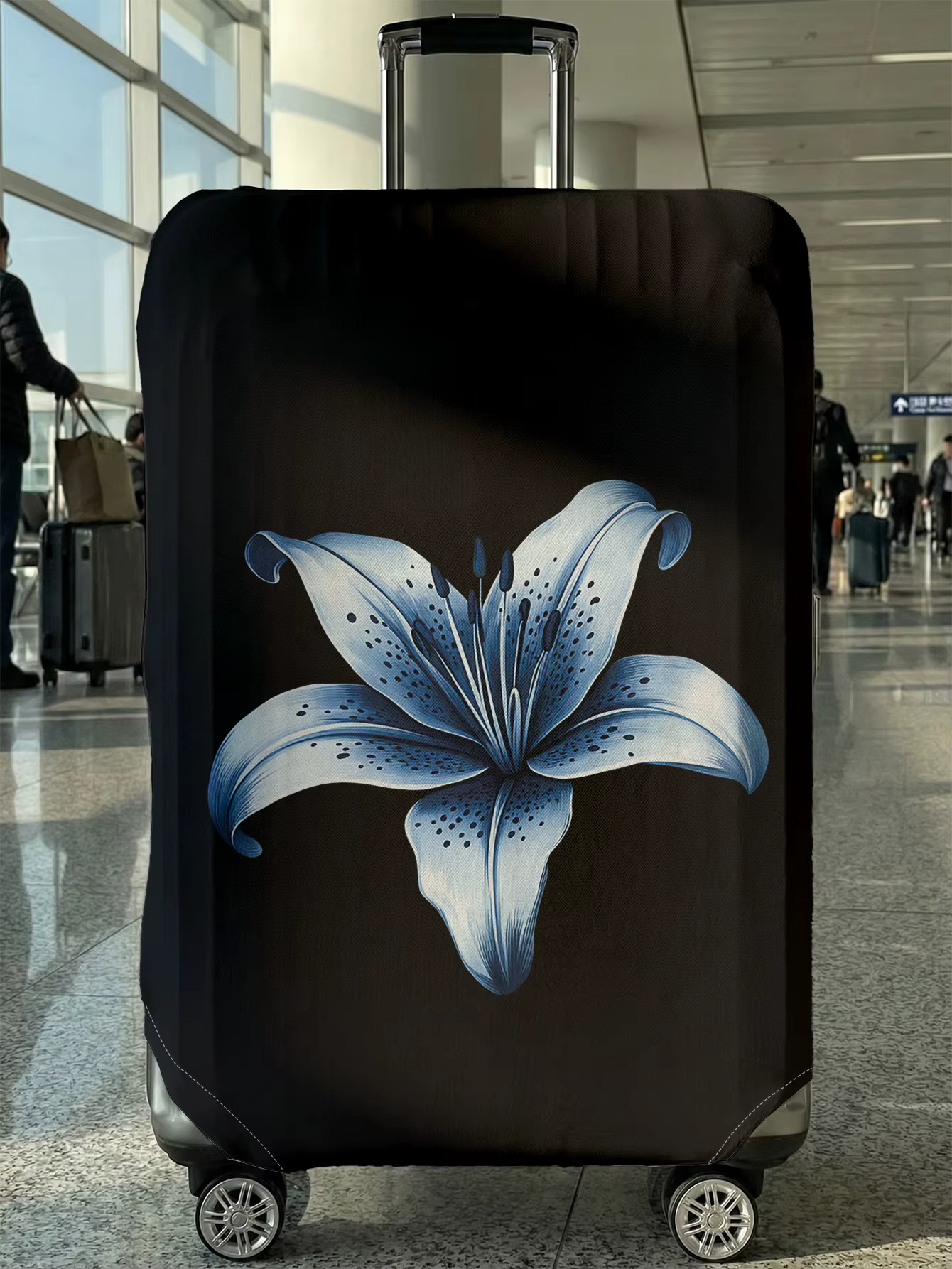 Housse de bagage à motif de fleurs de lys bleues sur base noire, adaptée aux bagages de 18 à 32 pouc