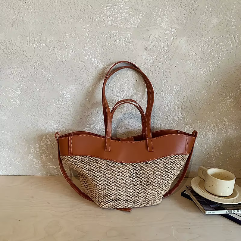 Sac fourre-tout en paille tressée avec garniture en cuir, grande capacité, sac à bandoulière décontr