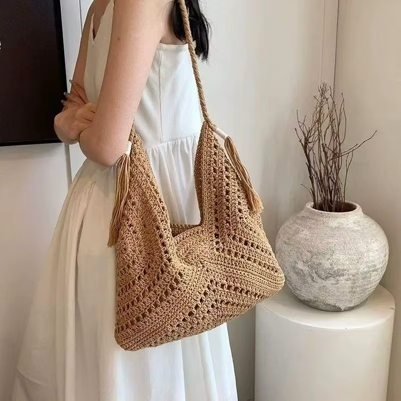 Sac fourre-tout tricoté décontracté pour femme, style été, motif tressé ajouré, grande capacité, sac