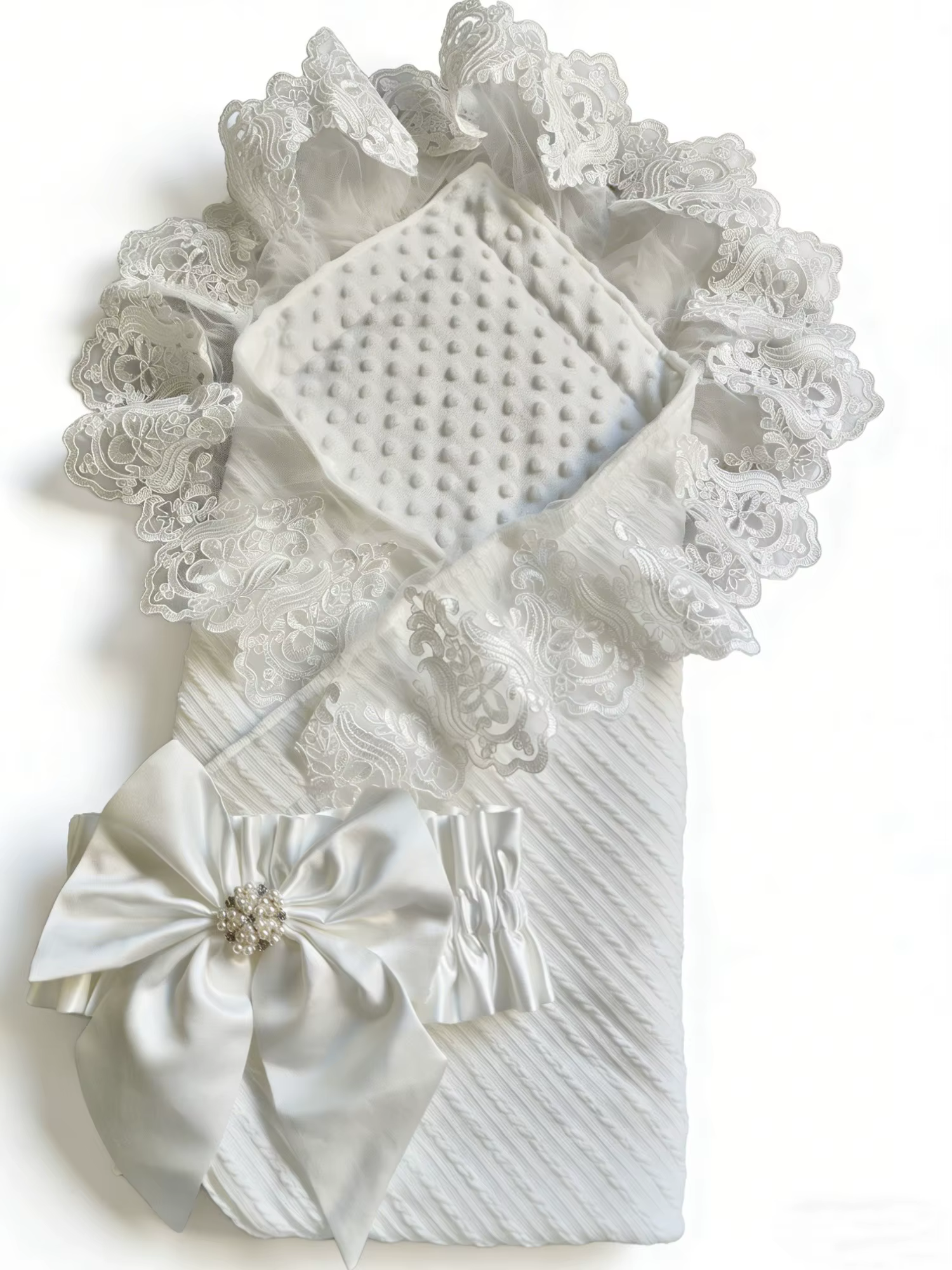 Couverture d'emmaillotage de luxe pour bébé, point Minky avec nœud en dentelle et perle, cadeau de n