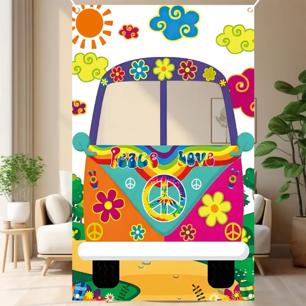 Vintage Hippie Bus Photo stand accessoires toile de fond évidé Van décorations de fête 60s70s cadre 