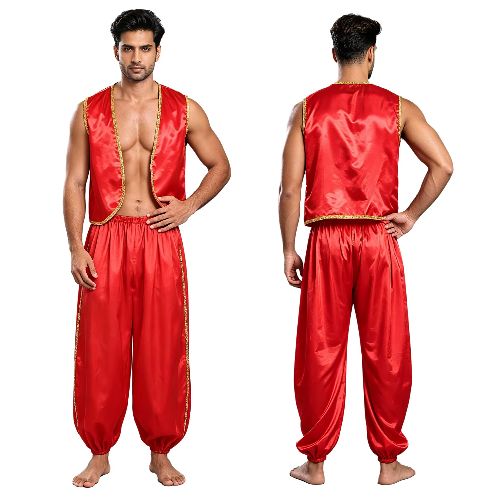 Costume de prince arabe pour hommes, tenue d'Halloween, ensemble en satin à bordure dorée, gilet ouv