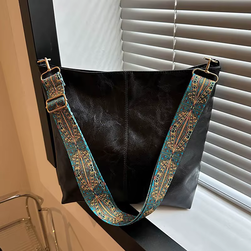 Sac à bandoulière solide vintage pour femme, sac à bandoulière, grande capacité, simple, large sangl