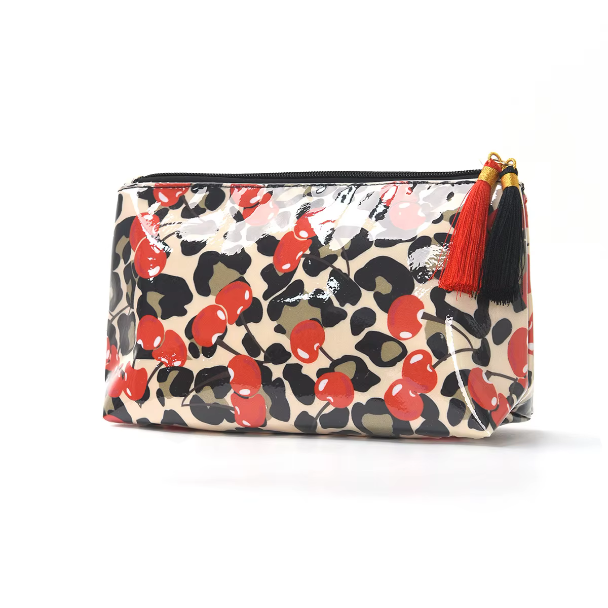 Pochette à maquillage brillante en PU avec fermeture éclair et pompon. Sac de voyage portable multi-