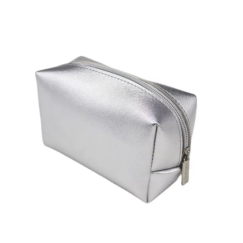 Sac à Cosmétiques en Cuir PU Argenté pour Femme, Trousse de Maquillage Étanche à Fermeture Éclair, B