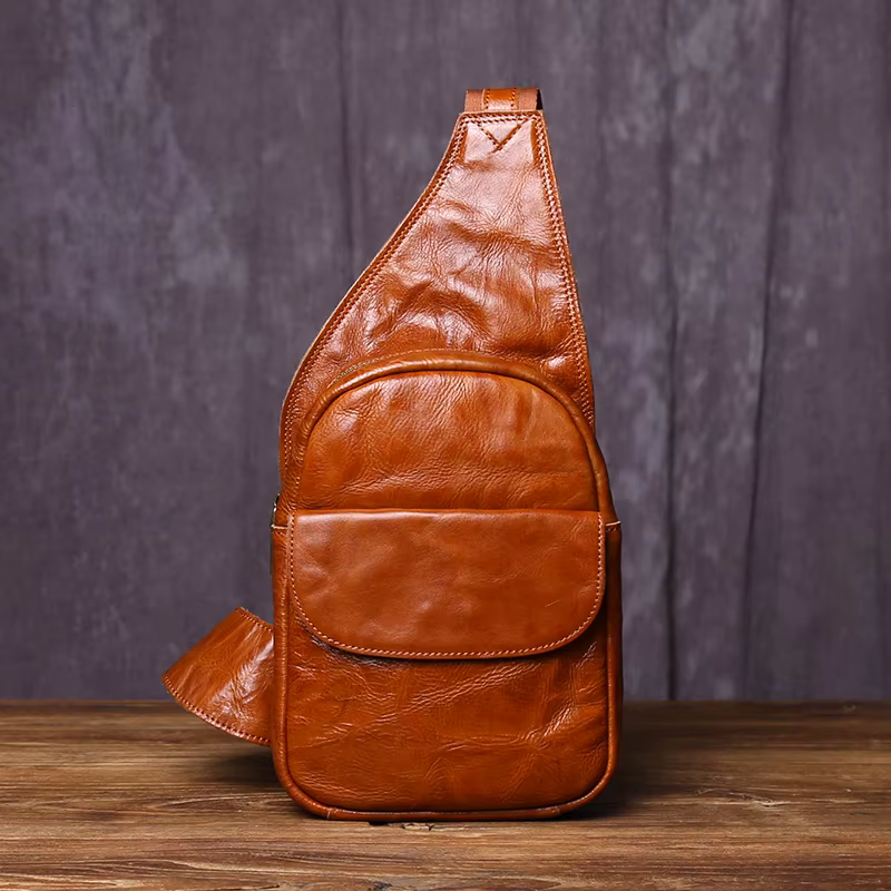 Sac à bandoulière en cuir véritable pour homme, motif de poignée rétro, tannage végétal, couche supé