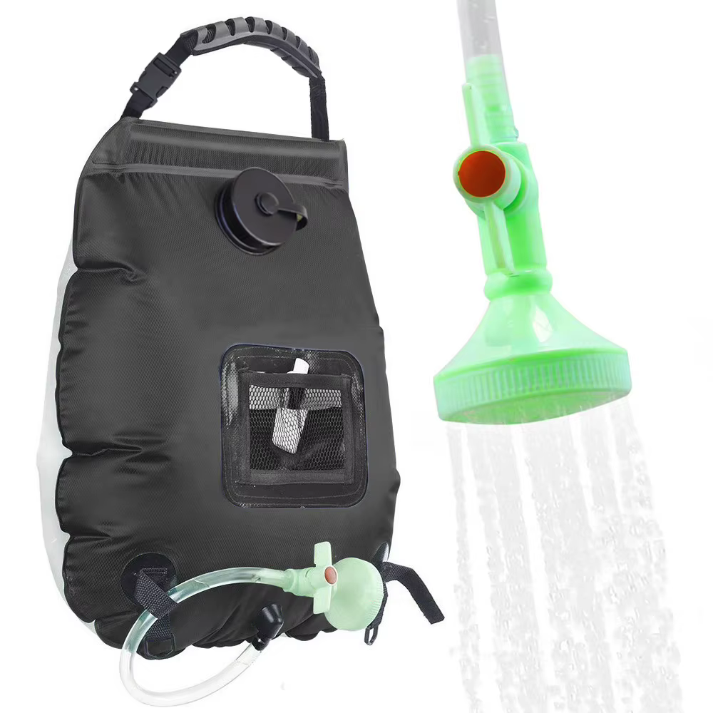 Douche solaire portable 20L pour camping avec tuyau et pommeau de douche, eau chaude extérieure pour