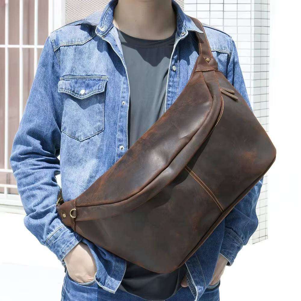 Crazy Horse – sac de poitrine en cuir véritable pour hommes, grande capacité, sacs de taille, sac de