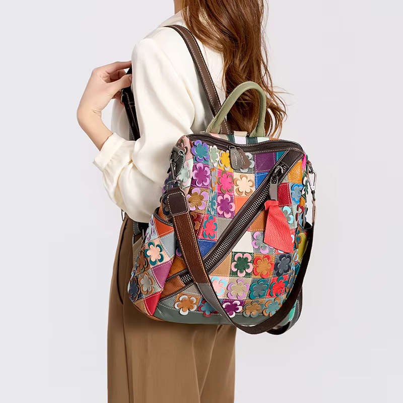 Sac à dos de voyage en cuir véritable pour femmes, sac à dos d'épissure de couleur, couche de tête r