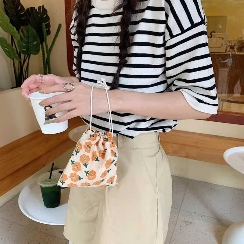 Sac en toile à carreaux floral avec cordon de serrage, sac de proximité, cadeau de Noël, bonbons, bi