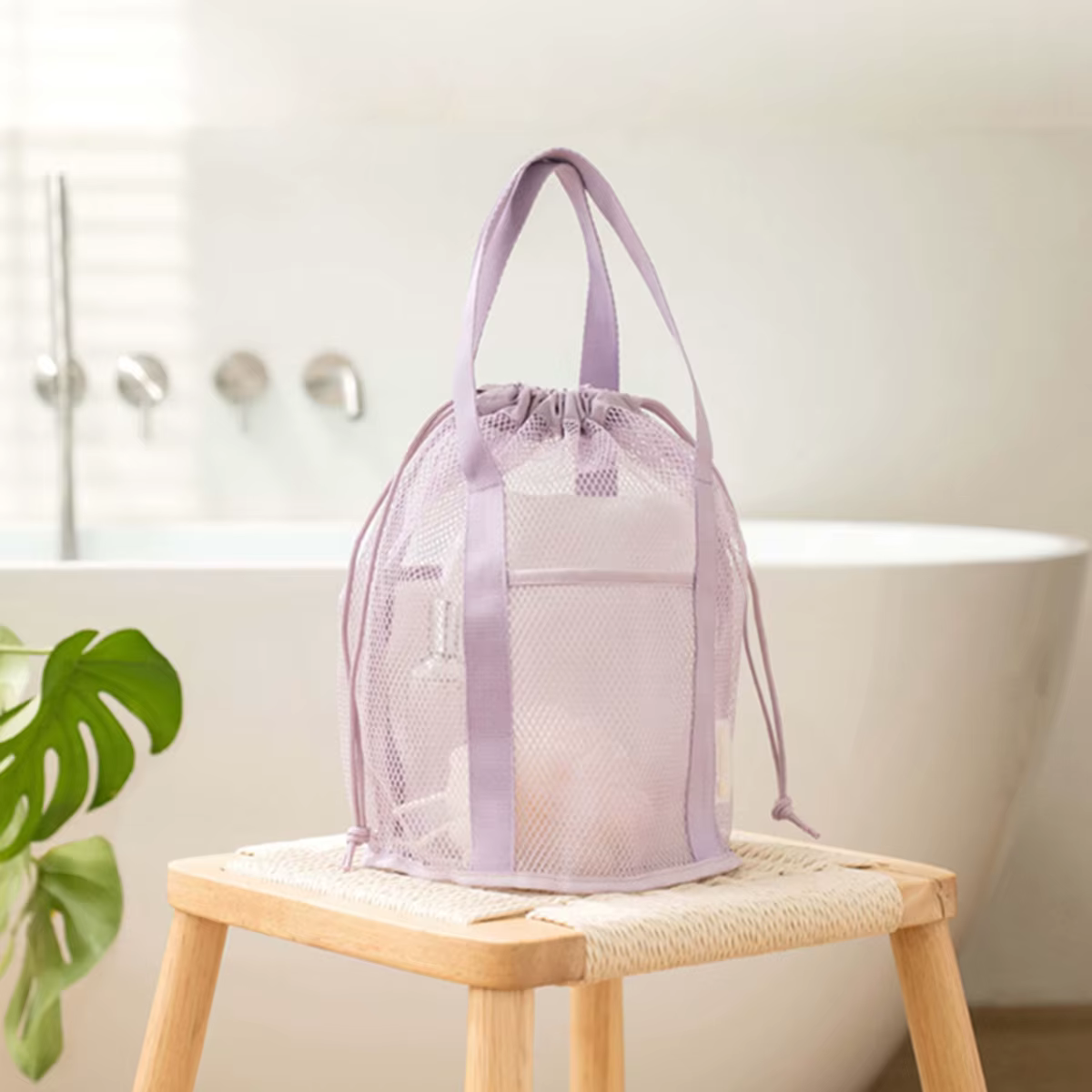 Trousse de toilette de voyage beige, sac à main pliable ultra-léger en maille ajourée, poche à cordo