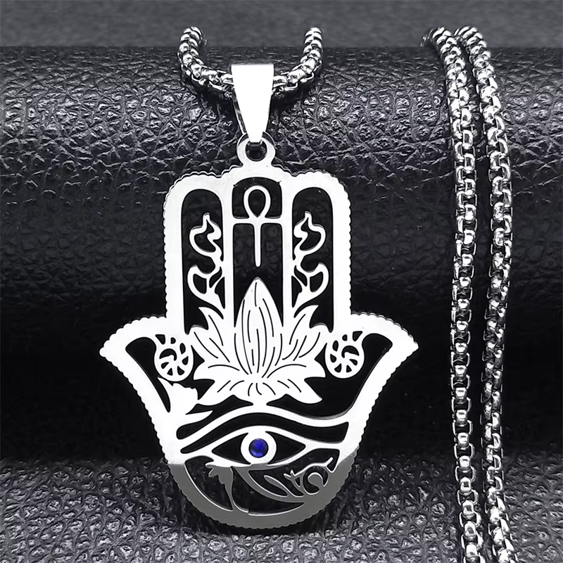 Hamsa main Ankh Lotus collier pour femmes hommes acier inoxydable couleur argent egypte oeil d'horus