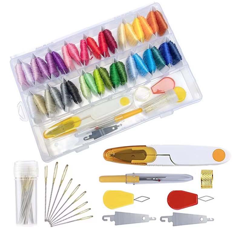 Kit de fil à broder avec boîte de rangement, outils de point de croix, kit de ficelle de bracelet, o