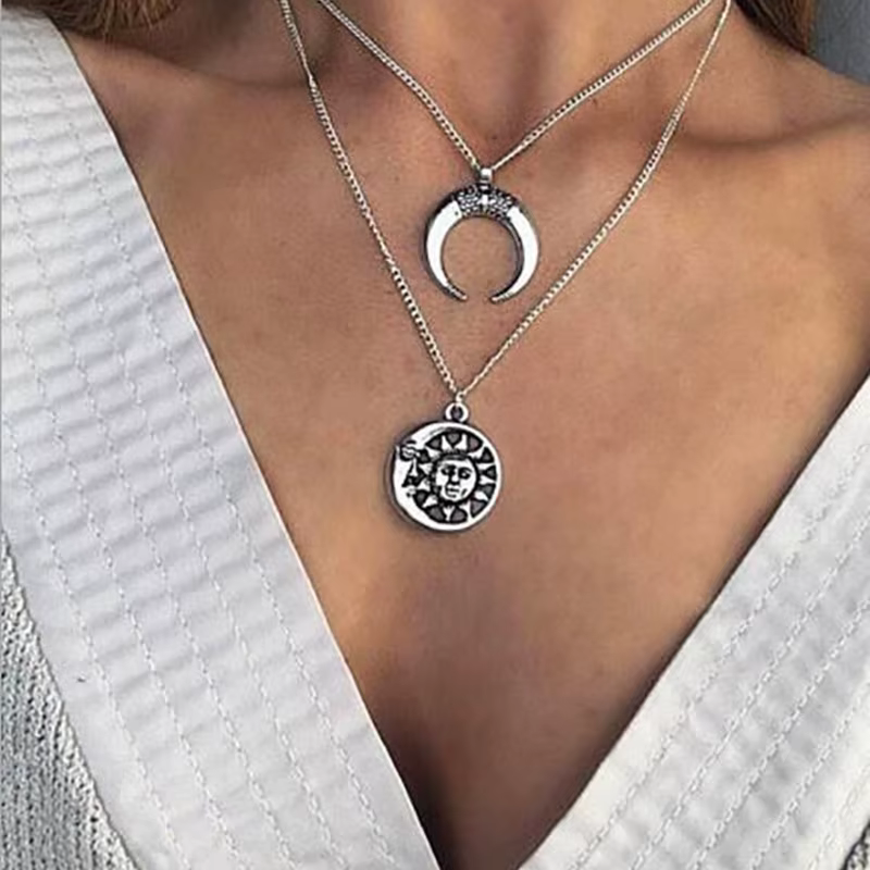 Aihua-Collier pendentif soleil et lune rétro pour femme, bijoux de fête, accessoires de mode, cadeau
