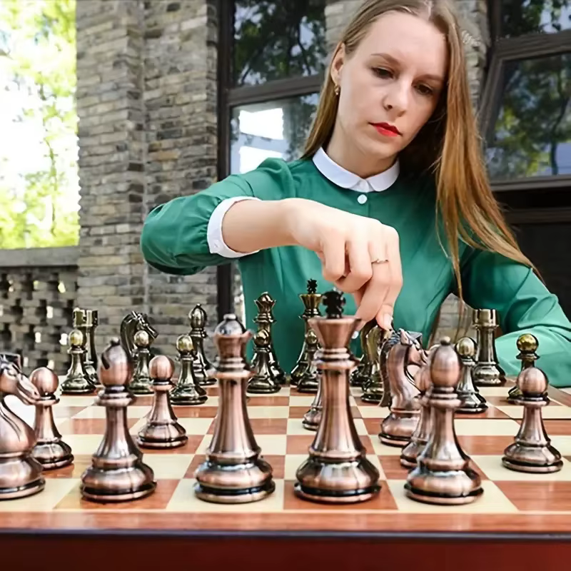Jeu d'échecs haut de gamme 30cm/11.8 pouces, Bronze Antique, boîte pliable en bois massif, pièces d'