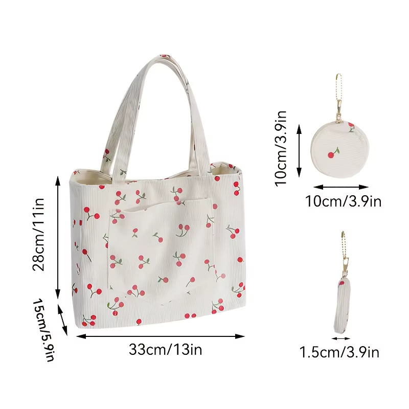 2 sacs fourre-tout (sac fourre-tout + petit sac rond) pour femmes, ornés de cerises, grande capacité