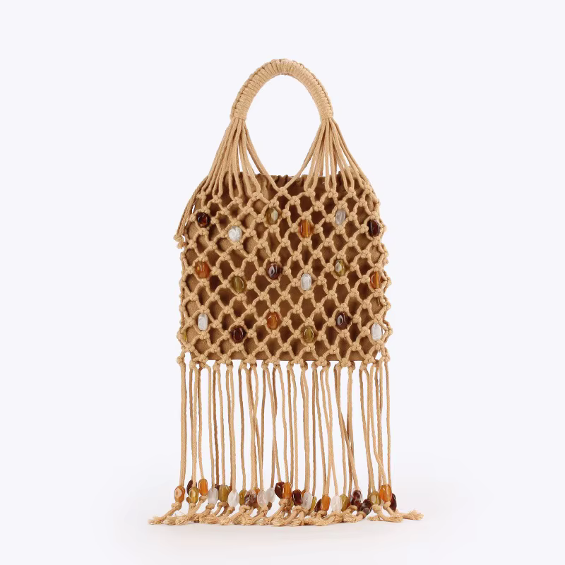 Sac fourre-tout tressé fait main pour femme avec franges à pampilles et détails perlés, style bohème