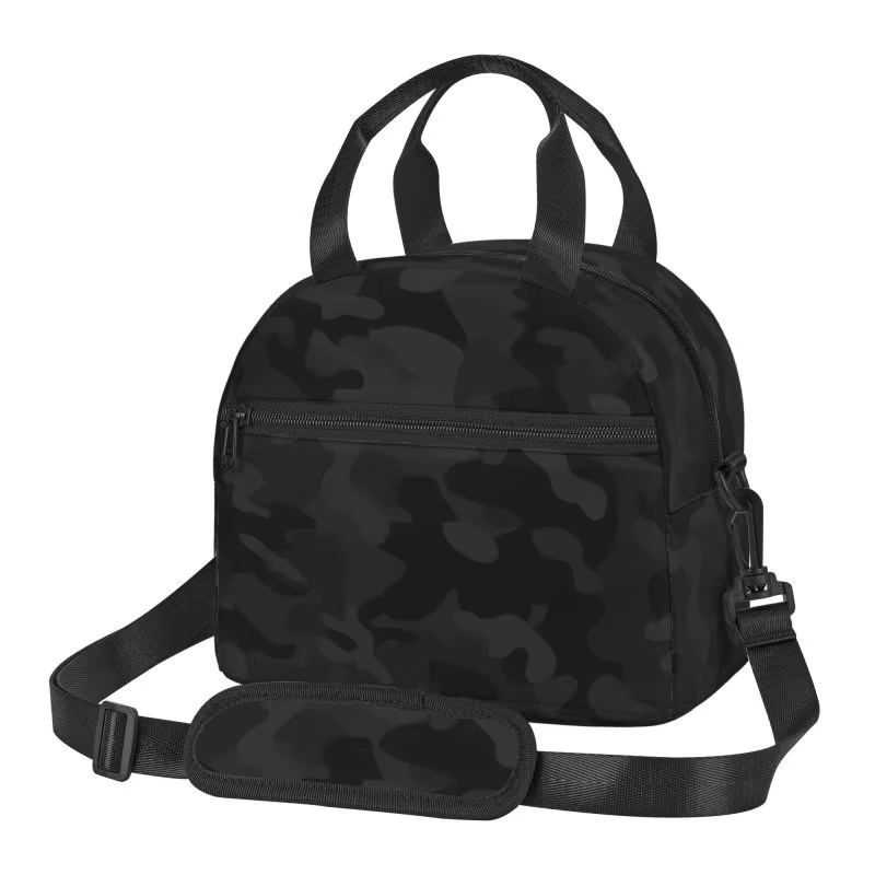 Sac à déjeuner isolé militaire camouflage noir gris avec bandoulière réglable, boîte à déjeuner réut