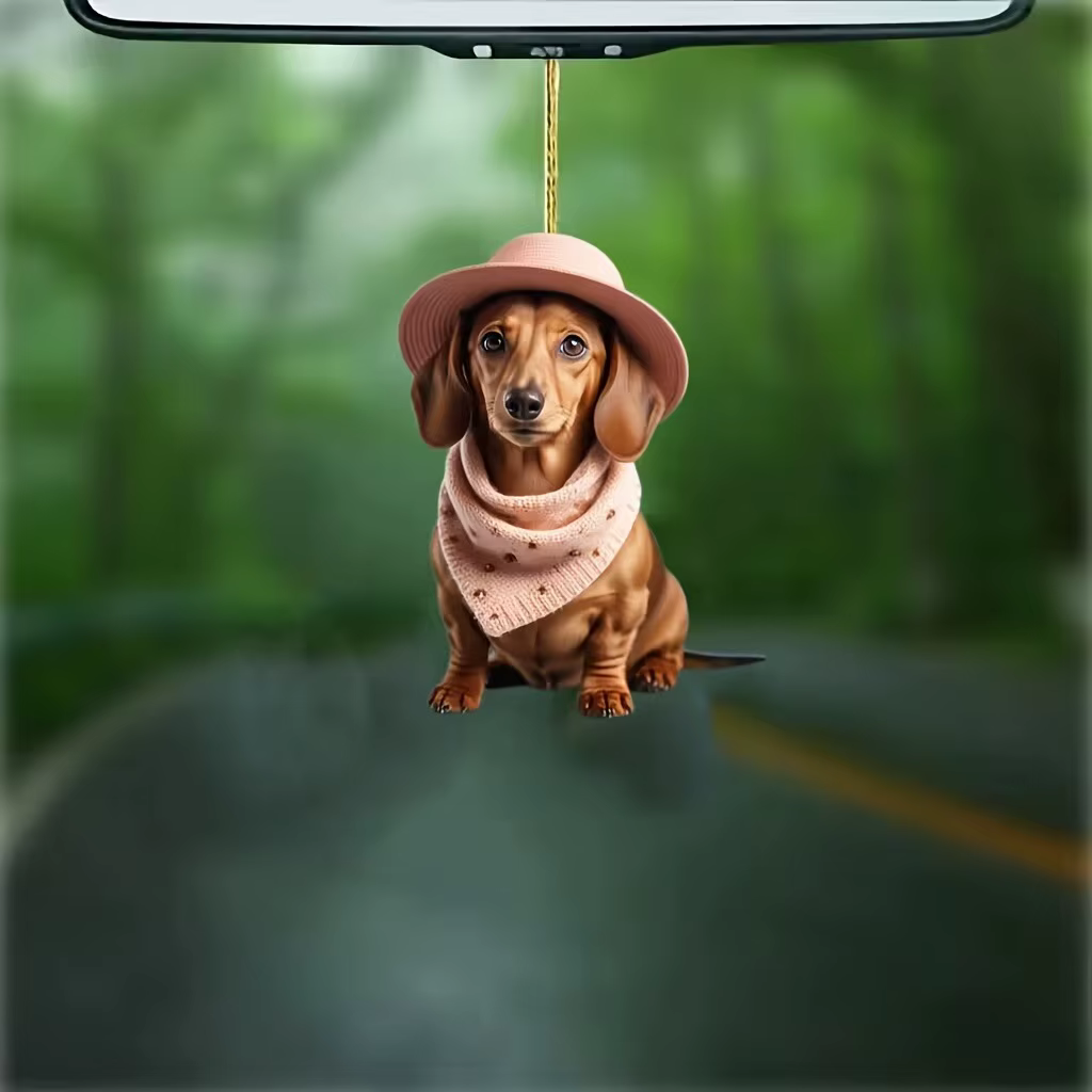 Porte-clés teckel mignon 2D, pendentif en acrylique pour chiot, polyvalent pour miroirs de voiture,