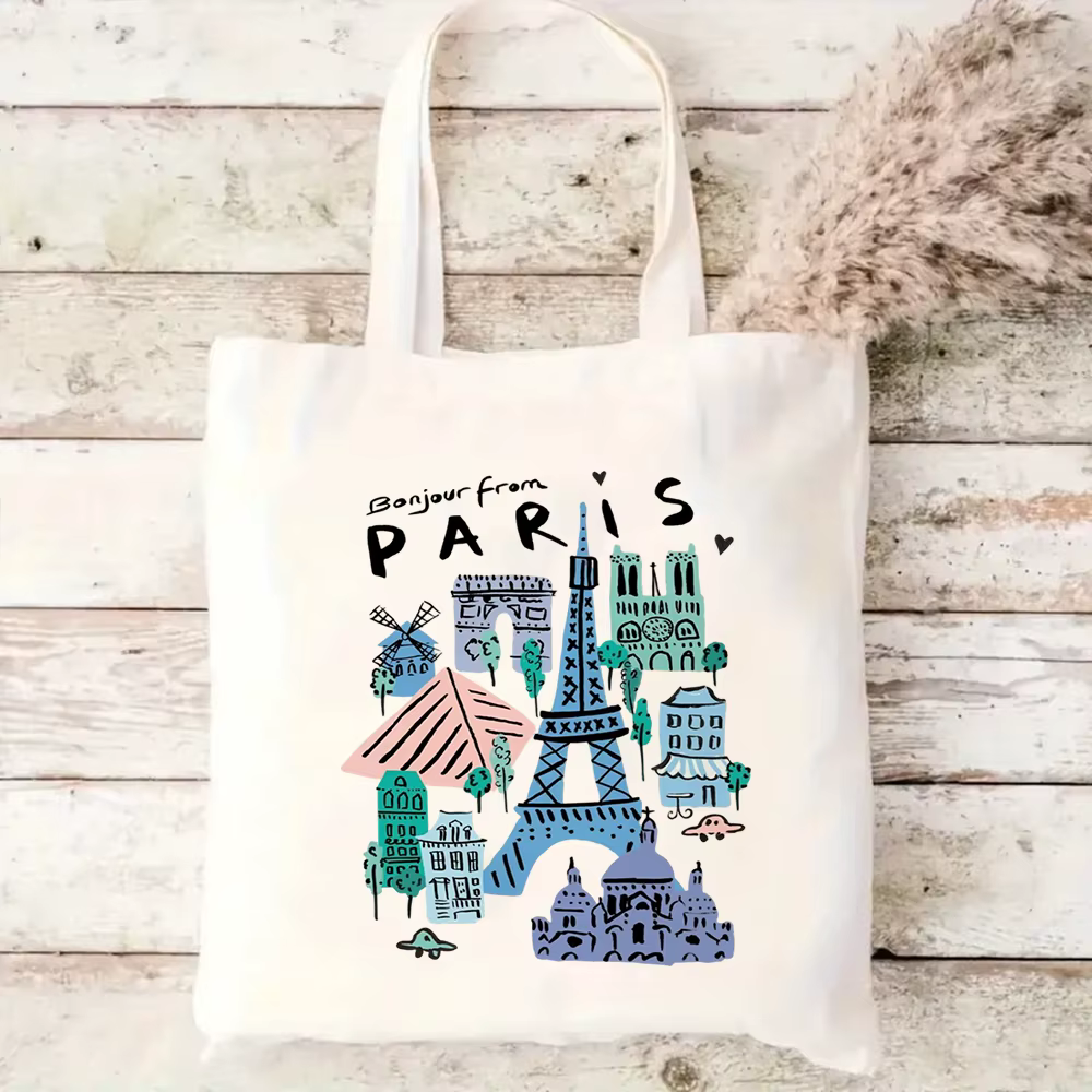 Sac fourre-tout en toile avec motif de monuments de la ville, imprimé Paris Tokyo Séoul, sac à main 