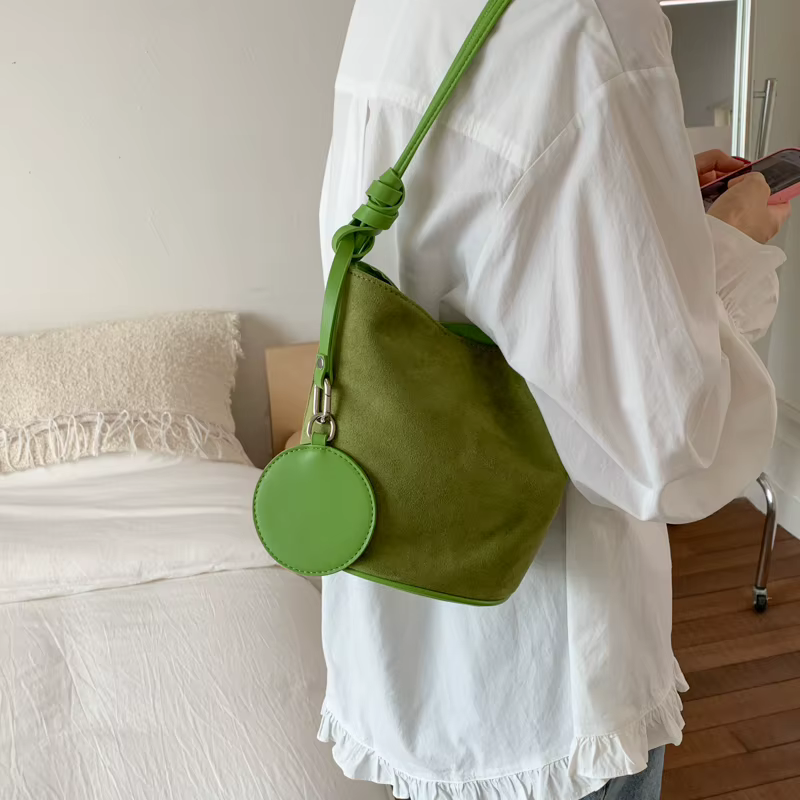 Ins – sac seau en daim bleu pour femmes, solide, doux, grande capacité, sacs à bandoulière, polyvale