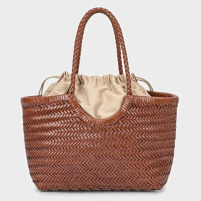 Sac fourre-tout français en cuir véritable tissé à la main, grand panier à légumes avec sac intérieu
