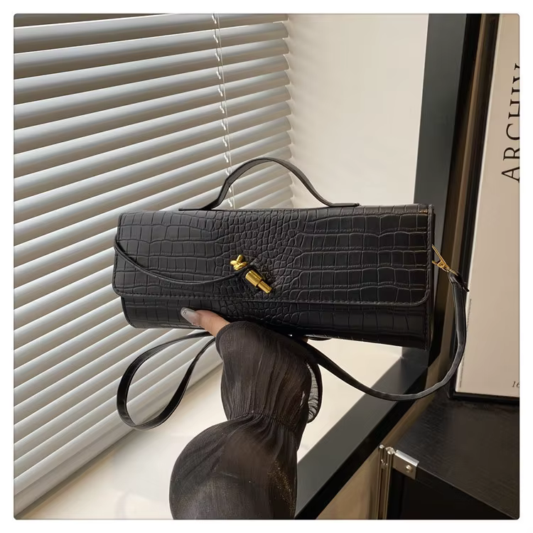 Sac à main baguette tendance 2026, motif crocodile, avec fermoir, style horizontal, grande capacité,