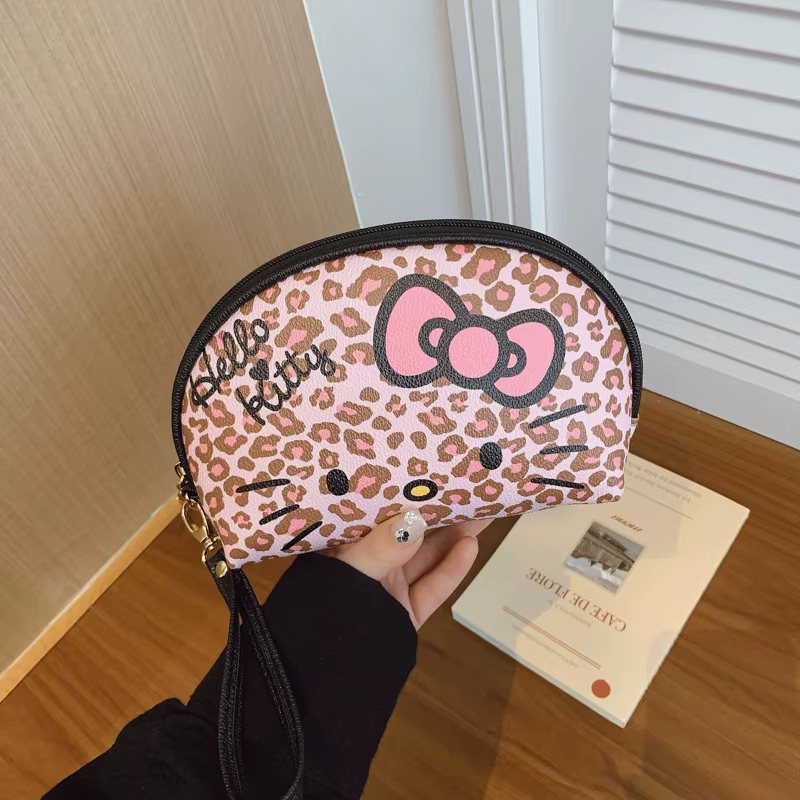 Sac de maquillage en PU rose léopard Hello Kitty pour femmes, sac à main de voyage portable de grand
