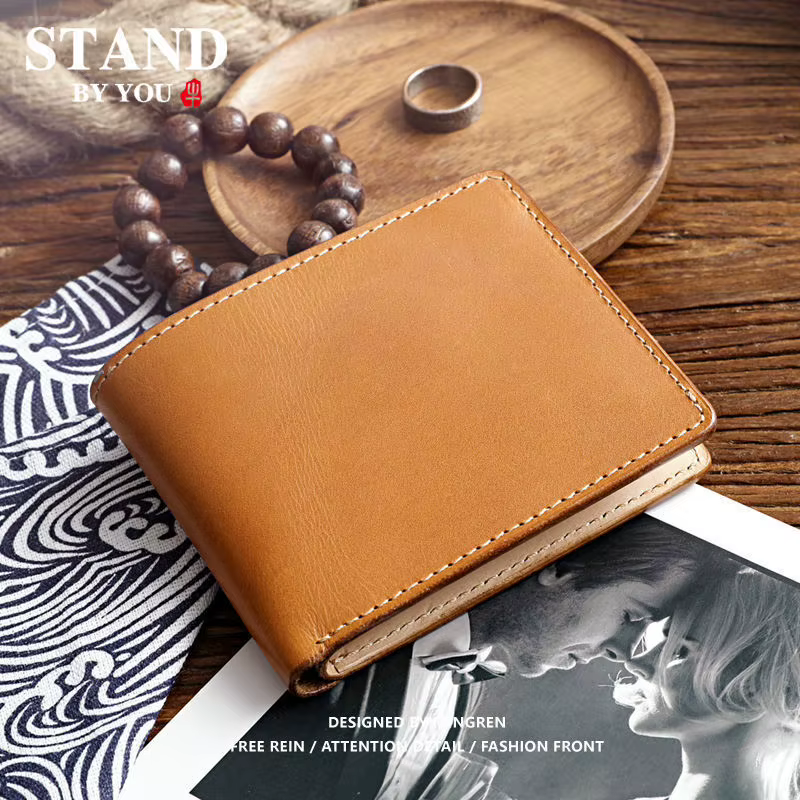 Portefeuille en cuir tanné végétal fabriqué à la main pour hommes, Style court, couche supérieure en