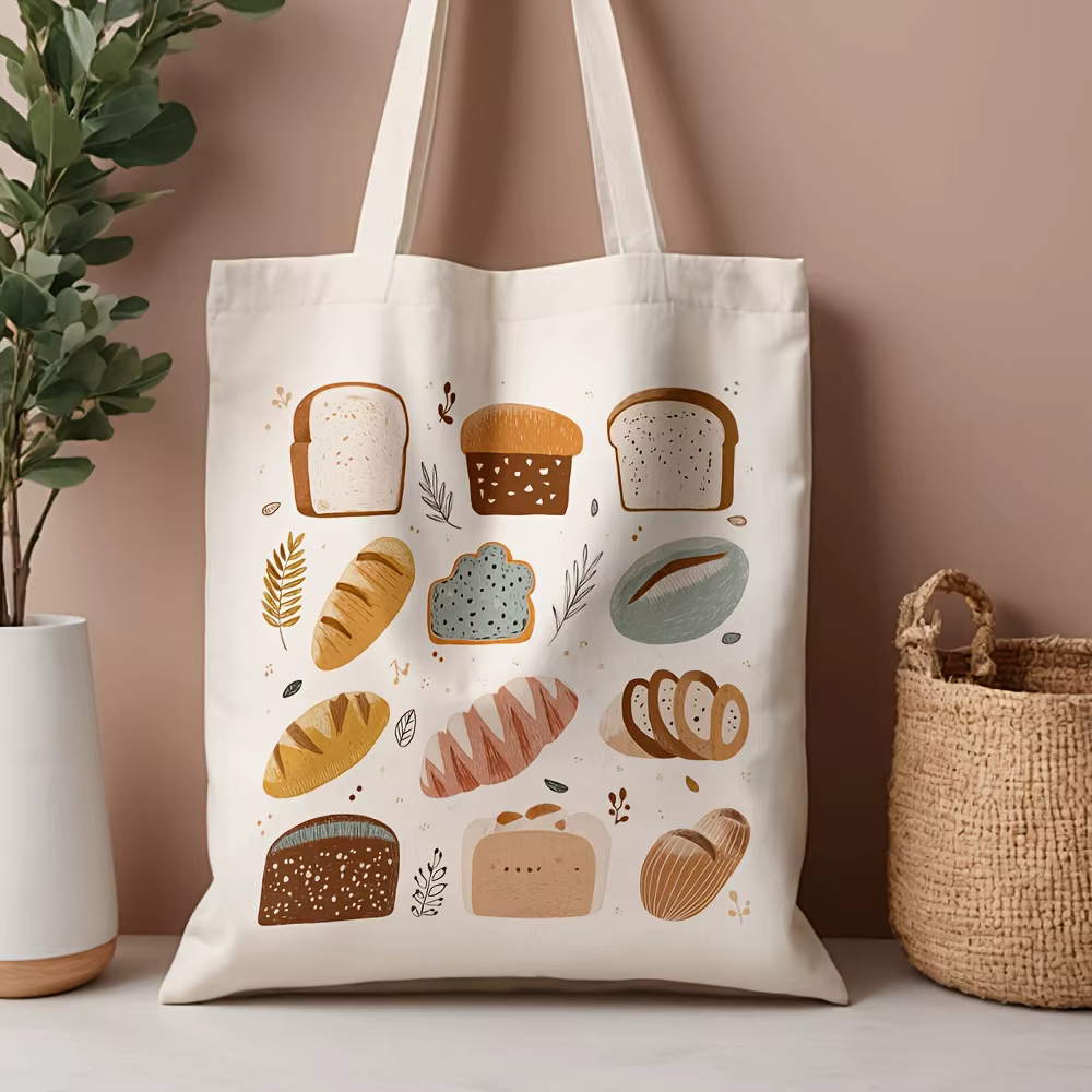 Sac fourre-tout en toile avec illustration de pain rustique, sac d'épicerie réutilisable avec des mo