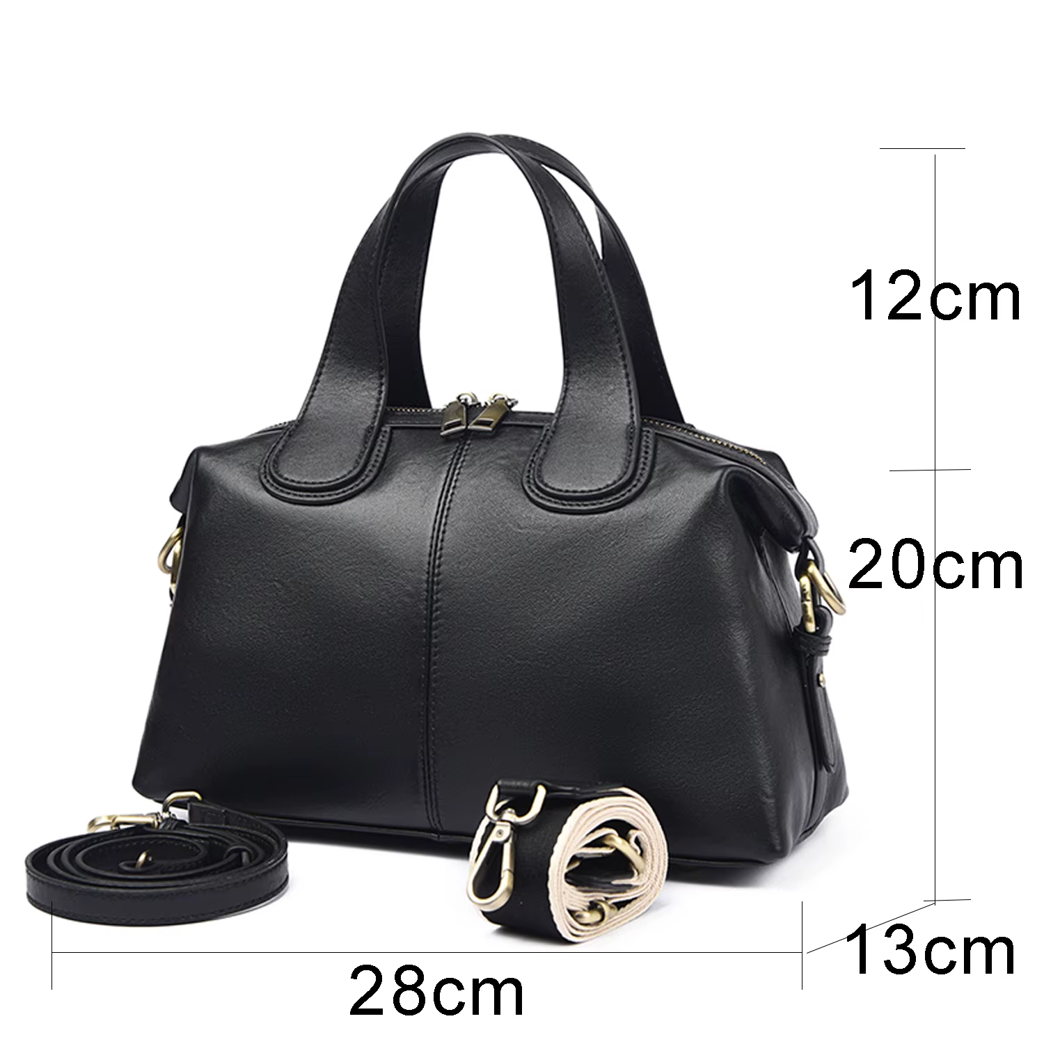 Sac Boston noir minimaliste en cuir véritable pour femmes, sac à bandoulière à la mode, sac à main d