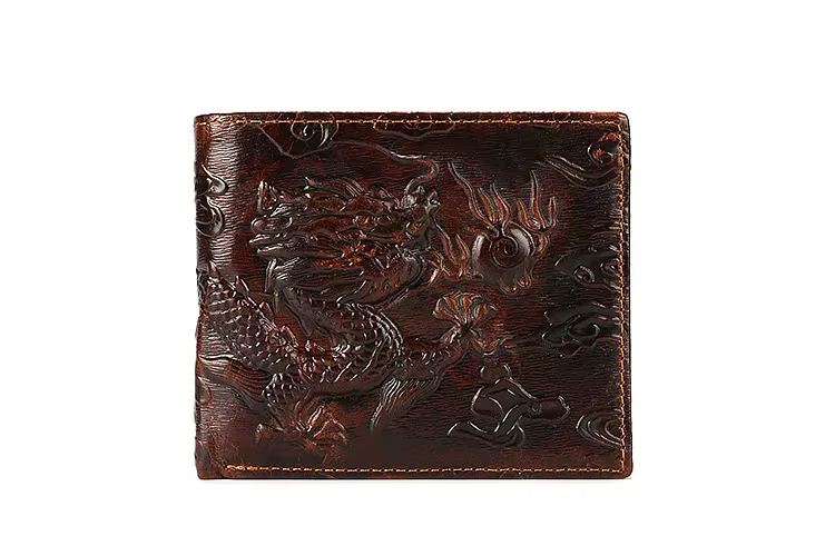 Portefeuille pour homme en cuir de vachette de première qualité, motif dragon embossé, style vintage