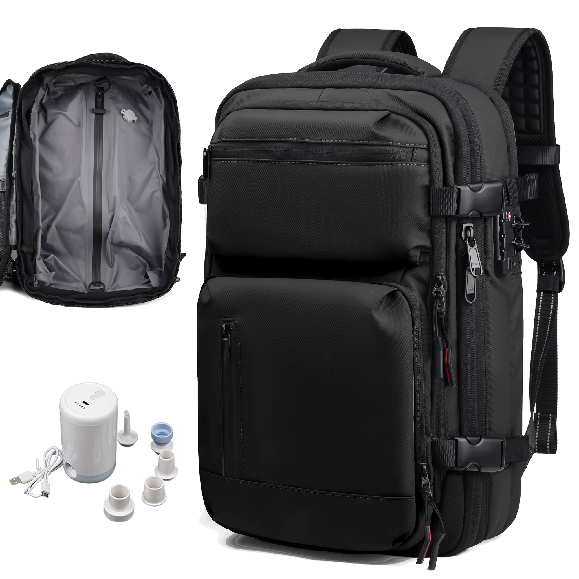 Sac à dos de voyage 60L extensible avec système de compression d'air et serrure TSA, bagage cabine