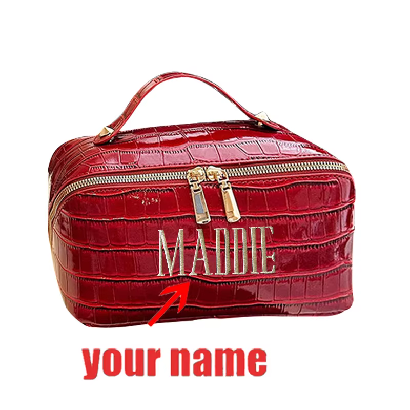 Pochette de maquillage brodée en croco, personnalisée, végane, accessoire de voyage de luxe, cadeau 