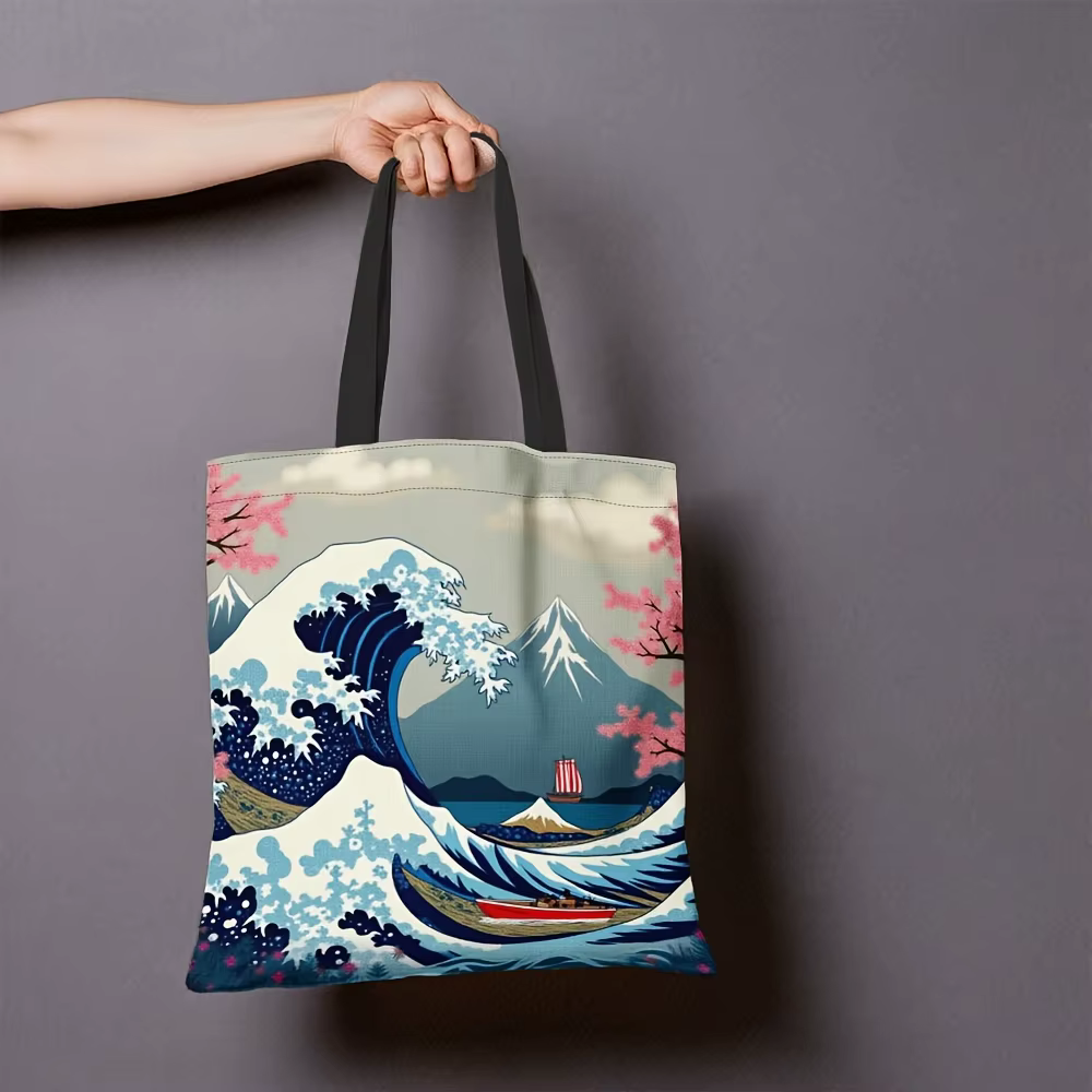 Sac fourre-tout en polyester inspiré de l'Ukiyo-e, 1 pièce, grande vague de Kanagawa et motif floral