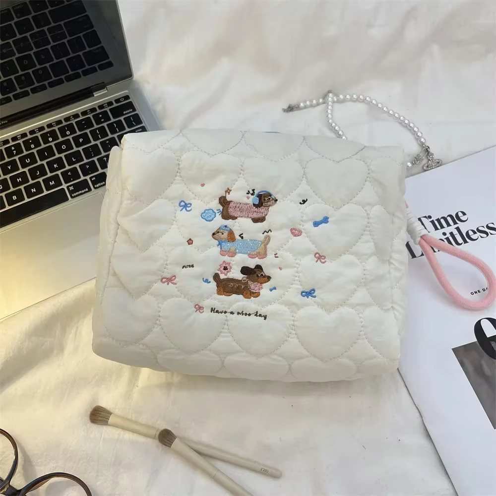 Sac à Cosmétiques Matelassé Brodé pour Femme, Sacs à Main de Rangement Portables pour Dame, Trousse