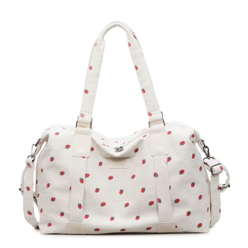 Sac fourre-tout de voyage en velours côtelé grande capacité, sac à main de voyage motif fraise avec 