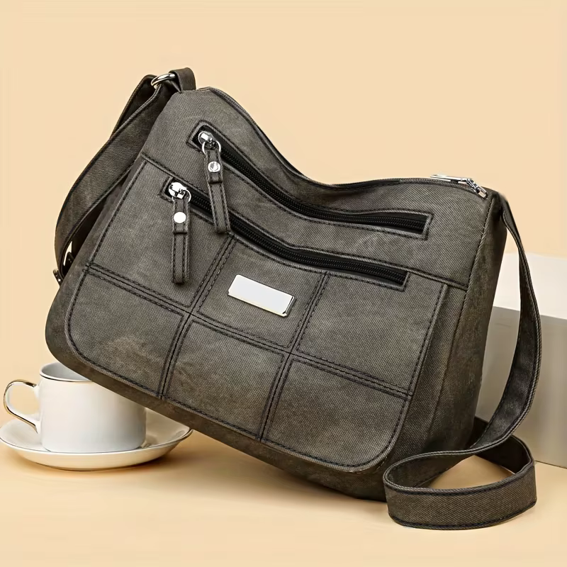 Sac à bandoulière Hobo élégant à motif quadrillé rétro, sac à bandoulière texturé lavé pour femme av